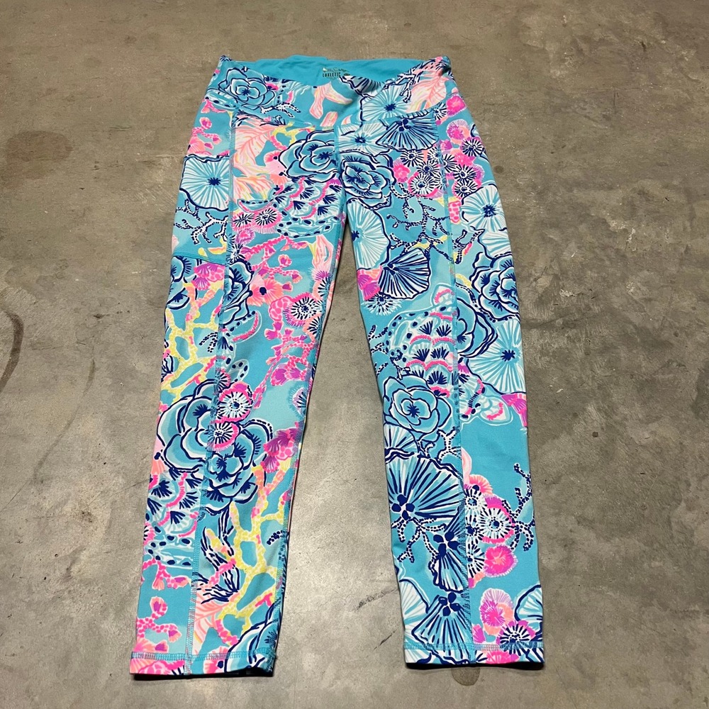 Lilly Pulitzer Luxletic Floral Coral Print Leggings Blue Pink Pockets 001241 M